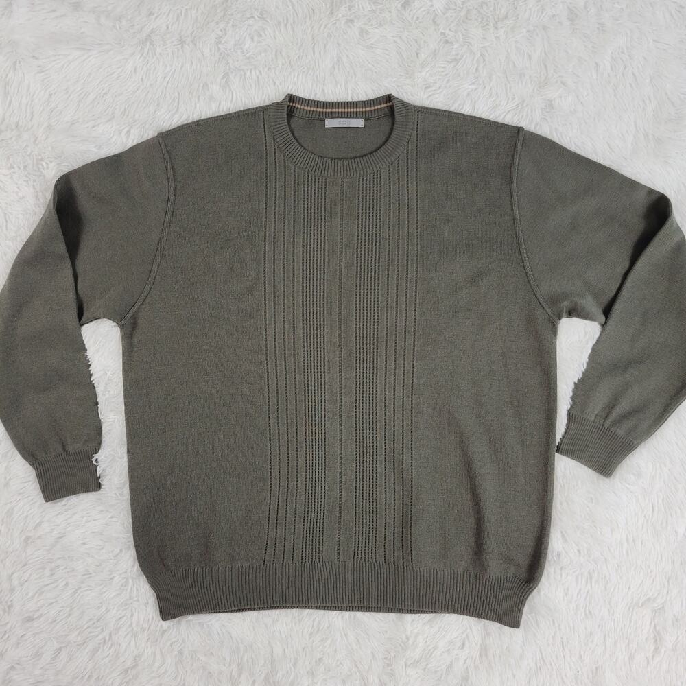Marks Spencer Mens Crewneck Sweater Olive Green Textured Knit Long Sleeve Size L